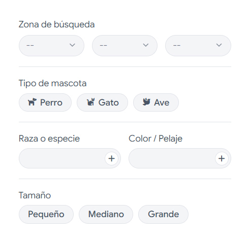 Filtros avanzados para buscar mascotas perdidas por ubicación, fecha y características