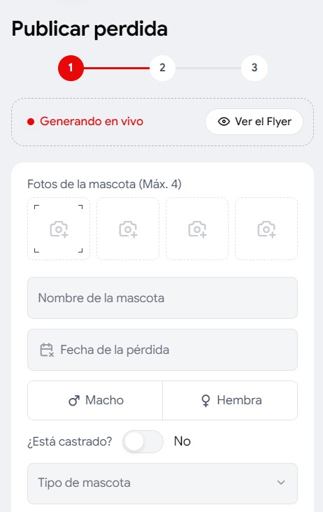 Registro de datos de una mascota perdida en Huellitas